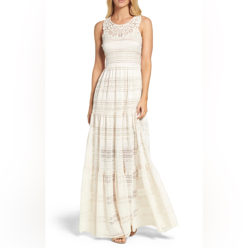 Eliza J Tiered Lace Maxi Dress White with nude underneath.